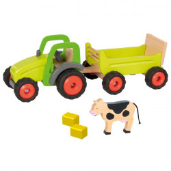 goki grüner Traktor mit Anhänger aus Holz