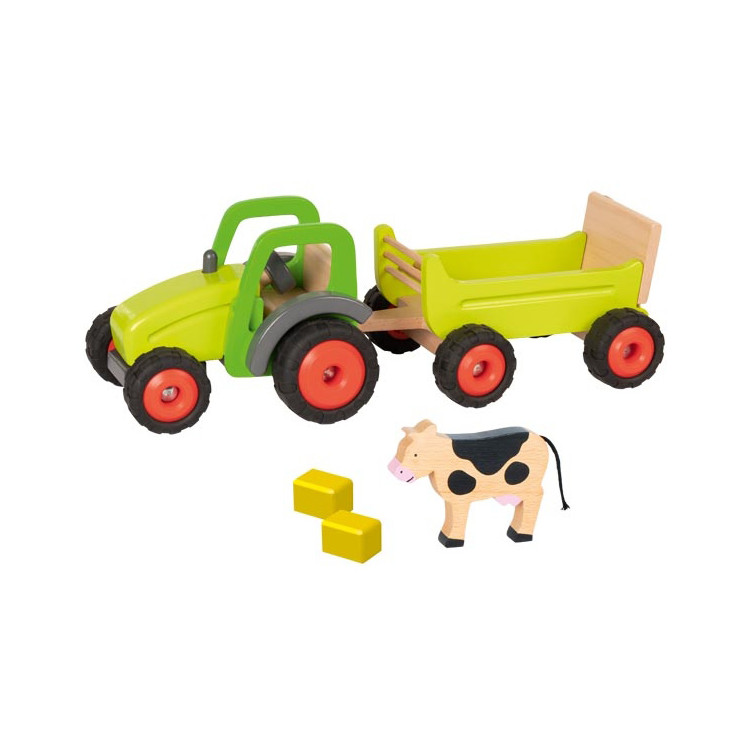 goki grüner Traktor mit Anhänger aus Holz