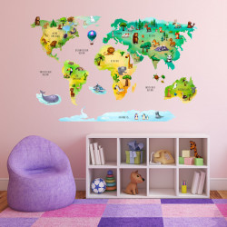 202 Wandtattoo Weltkarte mit Tieren  - Kinderzimmer Wanddeko