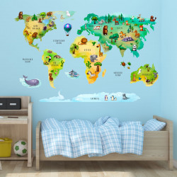 202 Wandtattoo Weltkarte mit Tieren  - Kinderzimmer Wanddeko