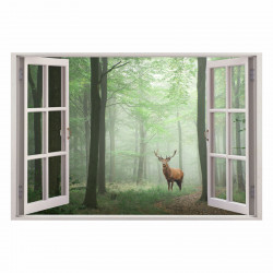 217 Wandtattoo Fenster - Wald Hirsch im Nebel