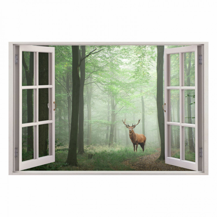 217 Wandtattoo Fenster - Wald Hirsch im Nebel
