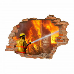 054 Wandtattoo Feuerwehrmann - Loch in der Wand Feuerwehr löscht Haus Feuer
