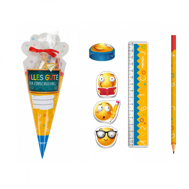 TRÖTSCH Schultüte mit Lineal, 3 Smiley Radierer, Anspitzer und Bleistift