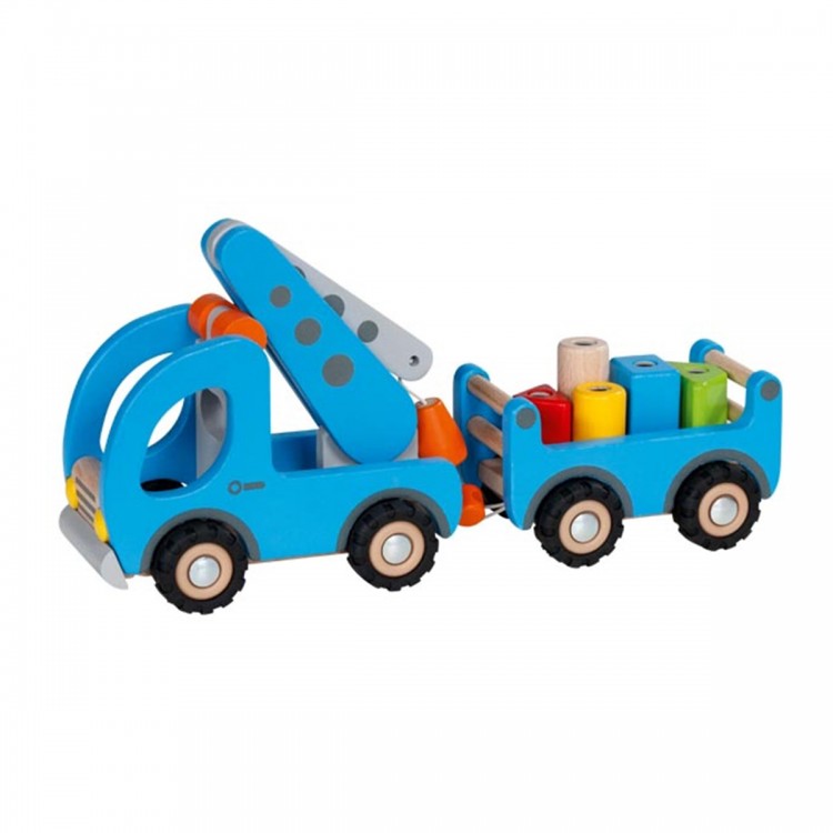 GOKI Holz Kranwagen blau mit Anhänger - Magnet Bausteine