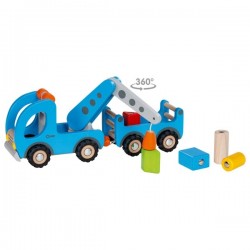 GOKI Holz Kranwagen blau mit Anhänger - Magnet Bausteine