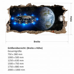 067 Wandtattoo Alien Raumschiff - Loch in der Wand - Kinderzimmer Teenager Raumstation Weltall Galaxie