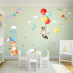 nikima - 075 Wandtattoo Waschbär und Fuchs Kinderzimmer Luftballon Regenschirm Wolken