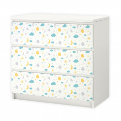 nikima - 004 Möbelfolie für IKEA MALM -Sterne Mond Wolken - 3 Schubladen Aufkleber Sticker Klebefolie  (Möbel nicht inklusive)