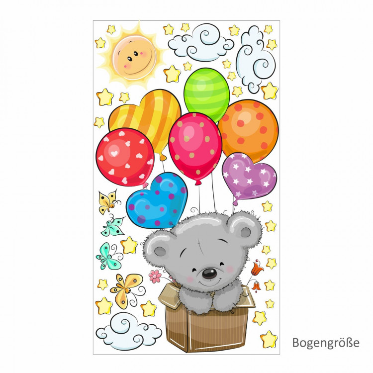 nikima - 076 Wandtattoo Teddy in Kiste Luftballon Kinderzimmer Aufkleber Sticker