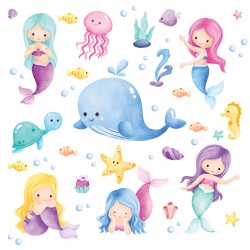 240 Wandtattoo Meerjungfrauen Wal und Schildkröte Aquarell