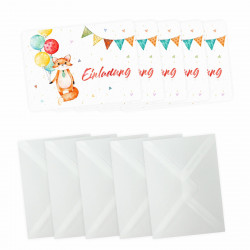 5 Einladungskarten Fuchs Luftballons inkl. 5 transparenten Briefumschlägen Kindergeburtstag Mädchen Junge
