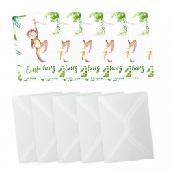 5 Einladungskarten Affe Dschungel grün inkl. 5 transparenten Briefumschlägen Kindergeburtstag Mädchen Junge