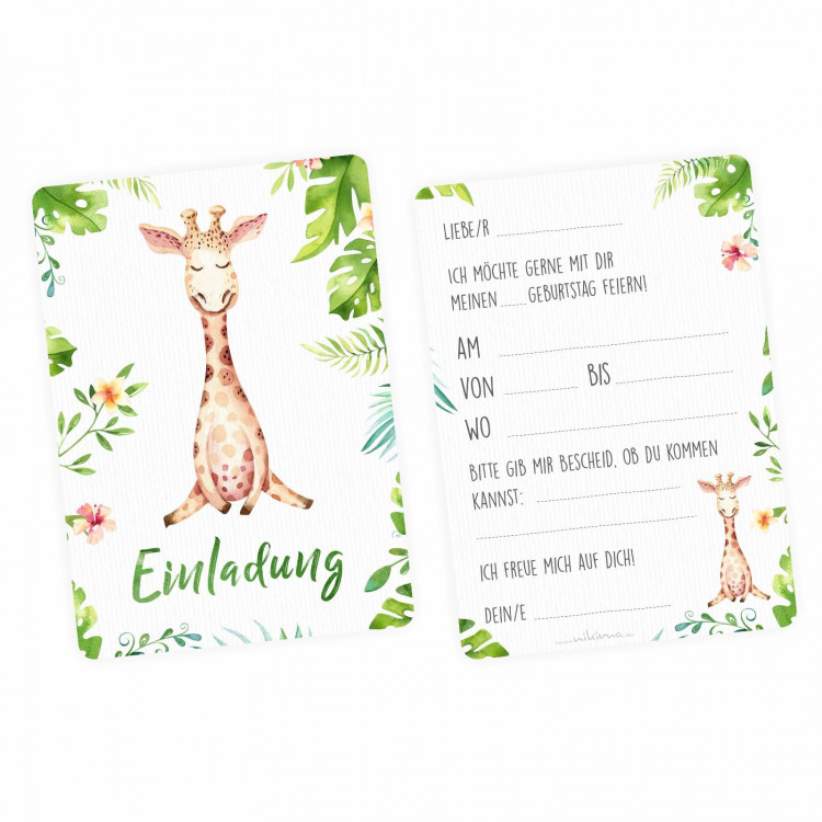 5 Einladungskarten Giraffe Dschungel grün inkl. 5 transparenten Briefumschlägen Kindergeburtstag Mädchen Junge