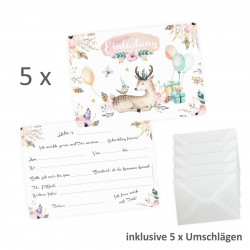 5 Einladungskarten Reh Hirsch Luftballon Geschenke inkl. 5 transparenten Briefumschlägen Kindergeburtstag Mädchen Einladung