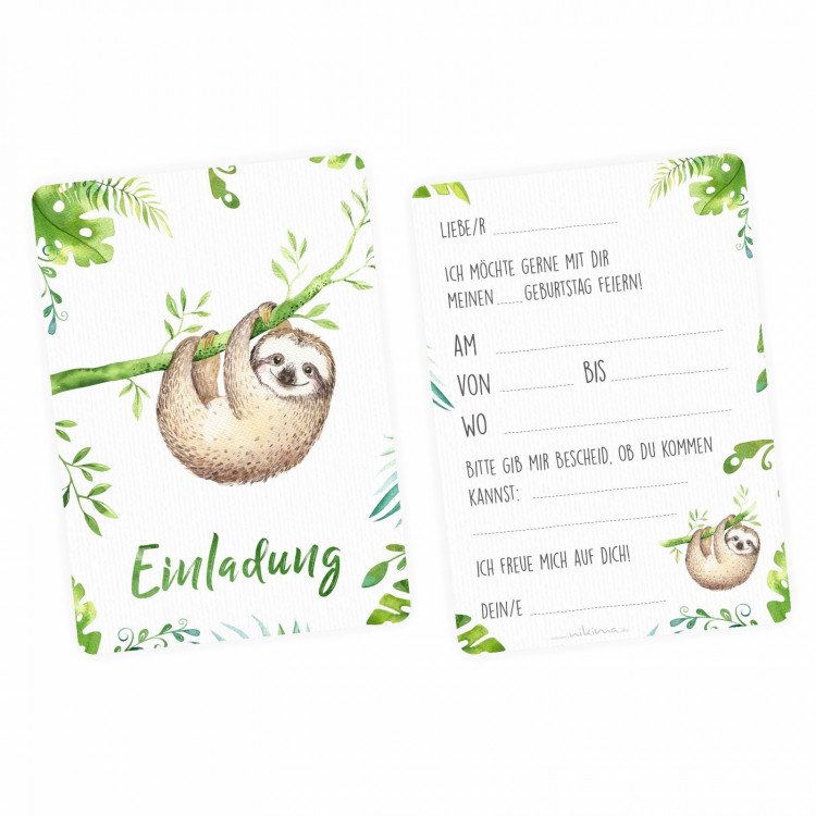 1 Einladungskarte Faultier Dschungel grün inkl. 1 transparenten Briefumschlag Kindergeburtstag Mädchen Junge