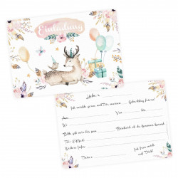 1 Einladungskarte Reh Hirsch Luftballon Geschenke inkl. 1 transparenten Briefumschlag Kindergeburtstag Mädchen Einladung