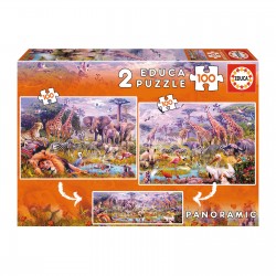 EDUCA Puzzle Wilde Tiere 2 x 100 Teile Giraffe Elefant Savanne