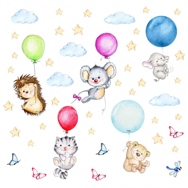 nikima - 123 Wandtattoo niedliche Tiere mit Luftballons Igel Katze Maus Bär Elefant