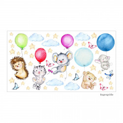 nikima - 123 Wandtattoo niedliche Tiere mit Luftballons Igel Katze Maus Bär Elefant