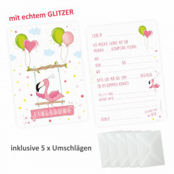 5 Einladungskarten Flamingo mit GLITZER inkl. 5 transparenten Briefumschlägen Kindergeburtstag Mädchen pink rosa Einladung