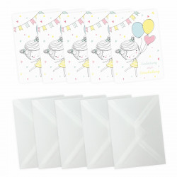 5 Einladungskarten zur Einschulung Mädchen mit Luftballons mit GLITZER inkl. 5 transparenten Briefumschlägen Einladung