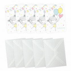 5 Einladungskarten Mädchen mit Luftballons mit GLITZER inkl. 5 transparenten Briefumschlägen Kindergeburtstag Mädchene Einladung