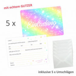 5 Einladungskarten Regenbogen Sterne mit GLITZER inkl. 5 transparenten Briefumschlägen Kindergeburtstag Mädchen bunt Einladung