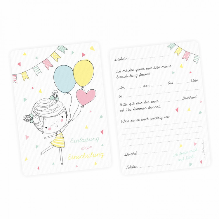 1 Einladungskartn zur Einschulung Mädchen mit Luftballons mit GLITZER inkl. 1 transparenten Briefumschlag Einladung
