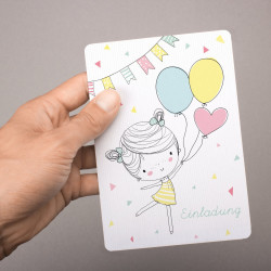 1 Einladungskarte Mädchen mit Luftballons mit GLITZER inkl. 1 transparenten Briefumschlag Kindergeburtstag Mädchene Einladung