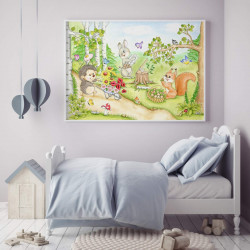 065 fleißige Waldtiere Zeichnung - Poster Bild für das Kinderzimmer oder Babyzimmer - Igel Eichhörnchen Hase (ohne Rahmen)