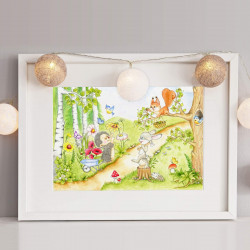 065 fleißige Waldtiere Zeichnung - Poster Bild für das Kinderzimmer oder Babyzimmer - Igel Eichhörnchen Hase (ohne Rahmen)