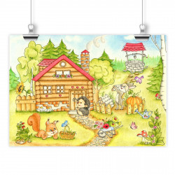 064 Waldhaus Tiere Zeichnung - Poster Bild für das Kinderzimmer oder Babyzimmer - Igel Hase Eichhörnchen (ohne Rahmen)
