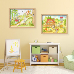 064 Waldhaus Tiere Zeichnung - Poster Bild für das Kinderzimmer oder Babyzimmer - Igel Hase Eichhörnchen (ohne Rahmen)