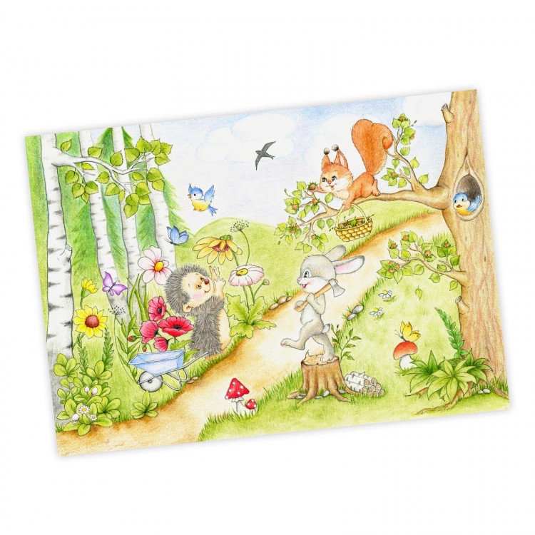 066 Waldtiere Zeichnung - Poster Bild für das Kinderzimmer oder Babyzimmer - Hase Igel Eichhörnchen (ohne Rahmen)