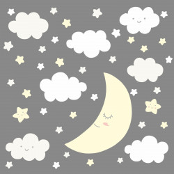 137 Wandtattoo Mond mit Wolken und Sternen weiß pastellgelb