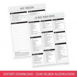 SOFORT DOWNLOAD - A4 Reisepackliste mint - farbig und schwarz weiß - Checkliste
