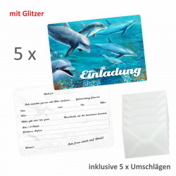 5 Einladungskarten Delfine mit GLITZER inkl. 5 Briefumschlägen
