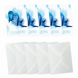 5 Einladungskarten Delfine blau/ weiß mit GLITZER inkl. 5 Briefumschlägen
