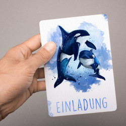 5 Einladungskarten Orca blau/ weiß mit GLITZER inkl. 5 Briefumschlägen
