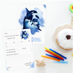 5 Einladungskarten Orca blau/ weiß mit GLITZER inkl. 5 Briefumschlägen