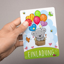 5 Einladungskarten Teddy Luftballons inkl. 5 transparenten Briefumschlägen