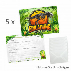 5 Einladungskarten Dinosaurier T-Rex inkl. 5 transparenten Briefumschlägen