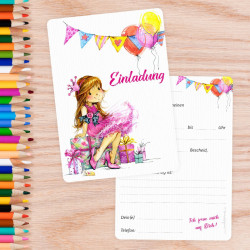 5 Einladungskarten Mädchen Geschenk Luftballons pink inkl. 5 transparenten Briefumschlägen