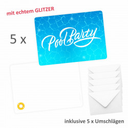 5 Einladungskarten Pool Party mit GLITZER inkl. 5 Briefumschlägen