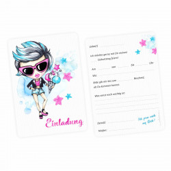 1 Einladungskarte cooles Mädchen Sterne pink türkis  inkl. 1 transparenten Briefumschlag
