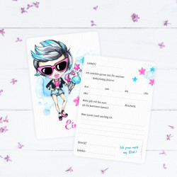 5 Einladungskarten cooles Mädchen Sterne pink türkis  inkl. 5 transparenten Briefumschlägen