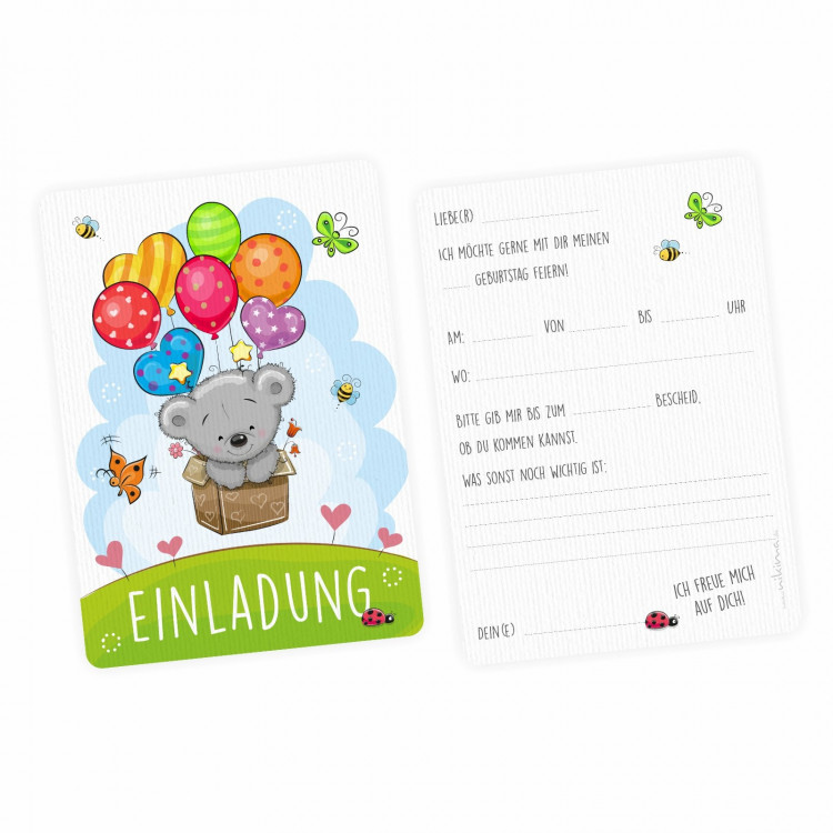 1 Einladungskarte Teddy Luftballons inkl. 1 transparenten Briefumschlag
