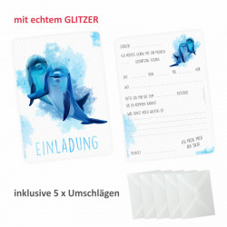 5 Einladungskarten Delfine blau/ weiß mit GLITZER inkl. 5 Briefumschlägen
