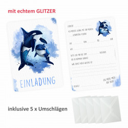 1 Einladungskarte Orca blau/ weiß mit GLITZER inkl. 1 Briefumschlag